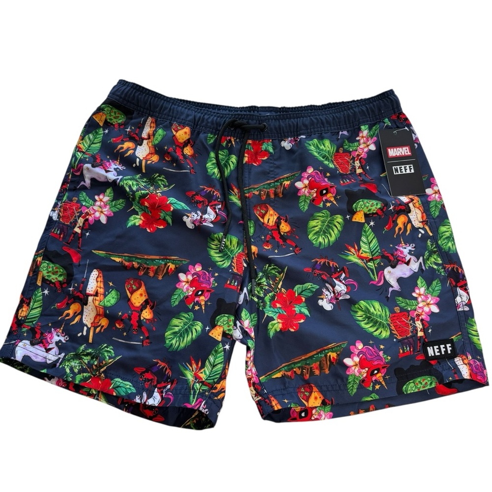Marvel Neff Shorts Mens Large Deadpool Unicorn Burrito Swim Trunks